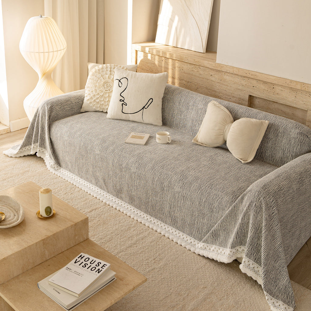 Sofa Cover Throw with Lace Trim & Pom-Pom Fringe, Decorative Couch Cover Blanket