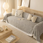 Sofa Cover Throw with Lace Trim & Pom-Pom Fringe, Decorative Couch Cover Blanket
