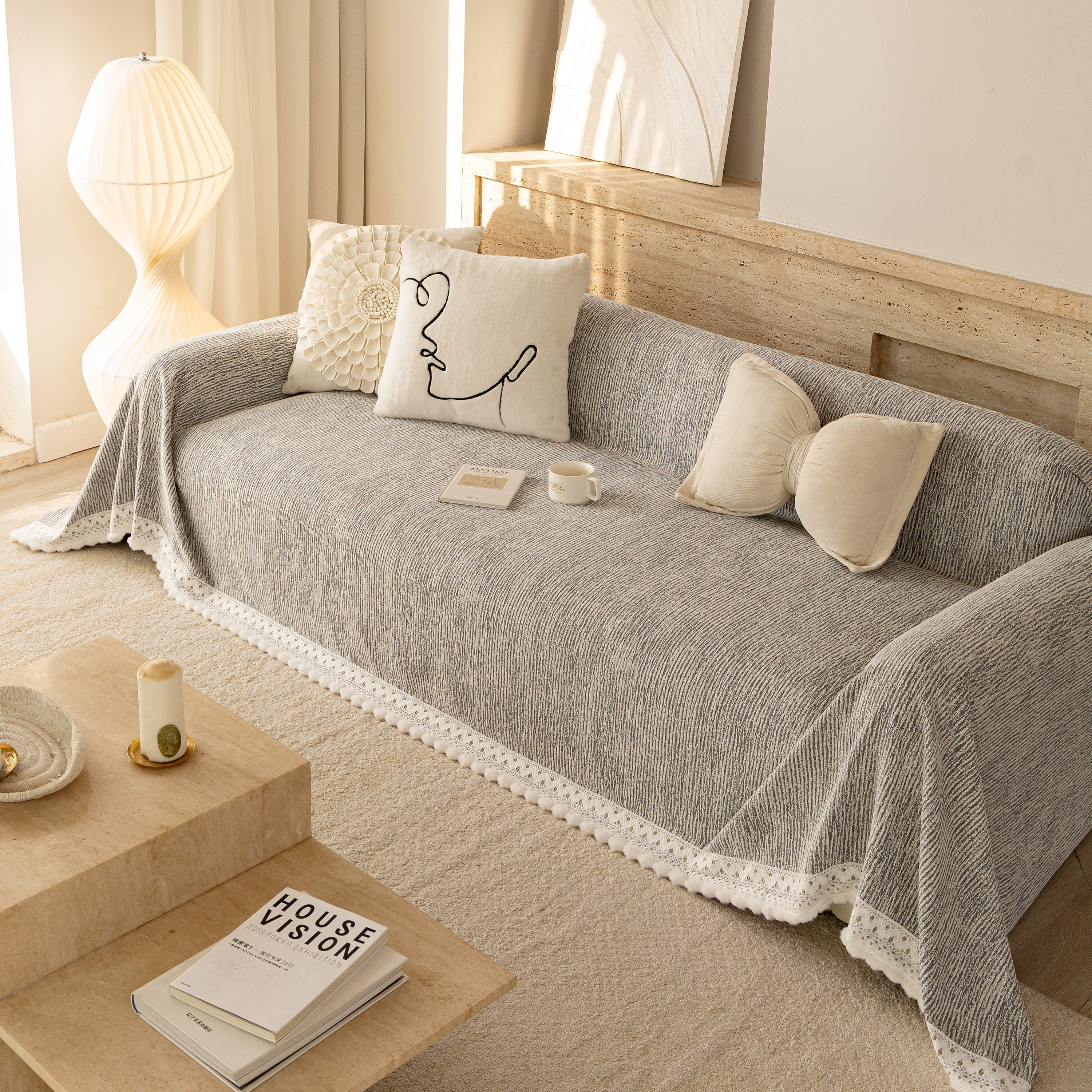Sofa Cover Throw with Lace Trim & Pom-Pom Fringe, Decorative Couch Cover Blanket