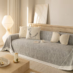 Sofa Cover Throw with Lace Trim & Pom-Pom Fringe, Decorative Couch Cover Blanket