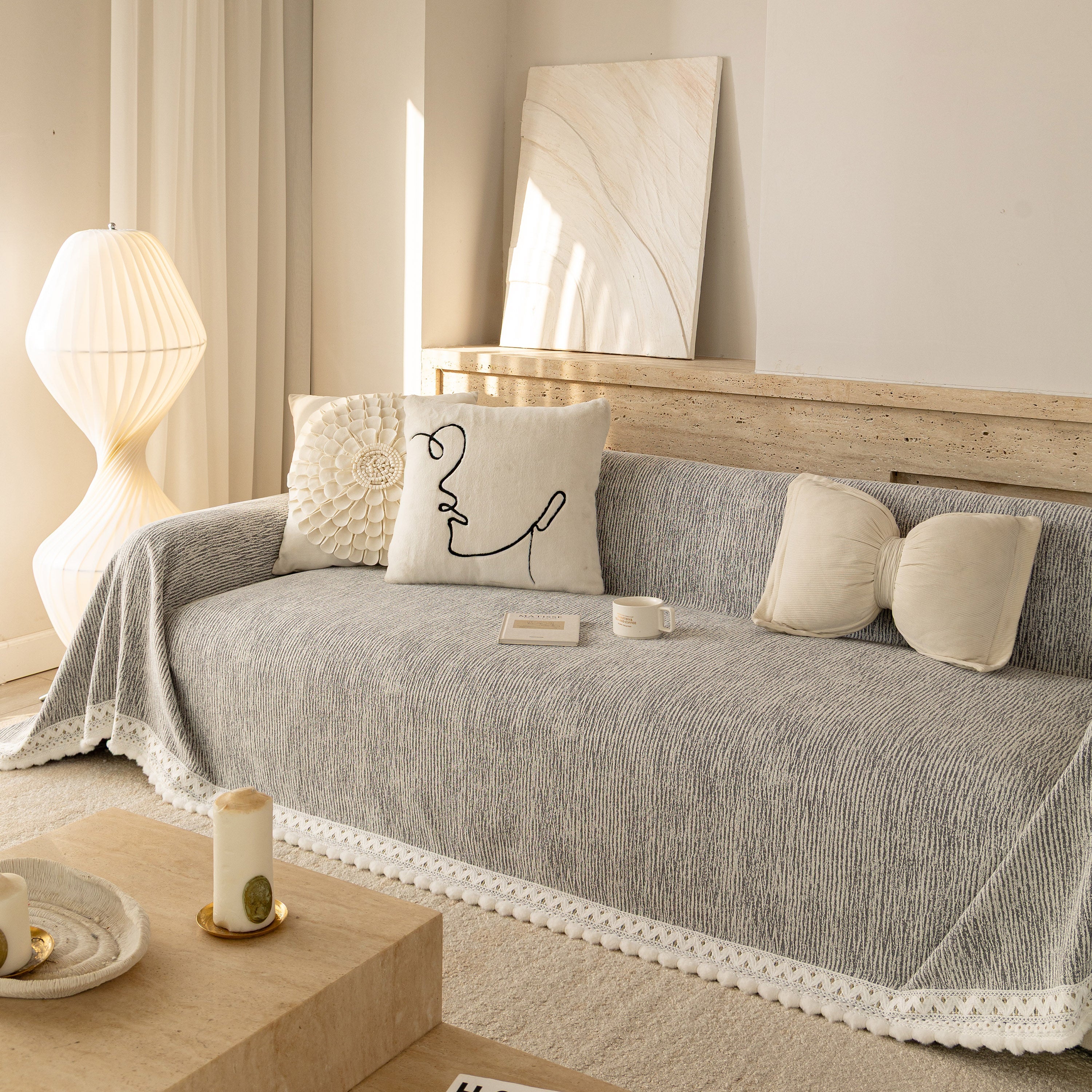 Sofa Cover Throw with Lace Trim & Pom-Pom Fringe, Decorative Couch Cover Blanket