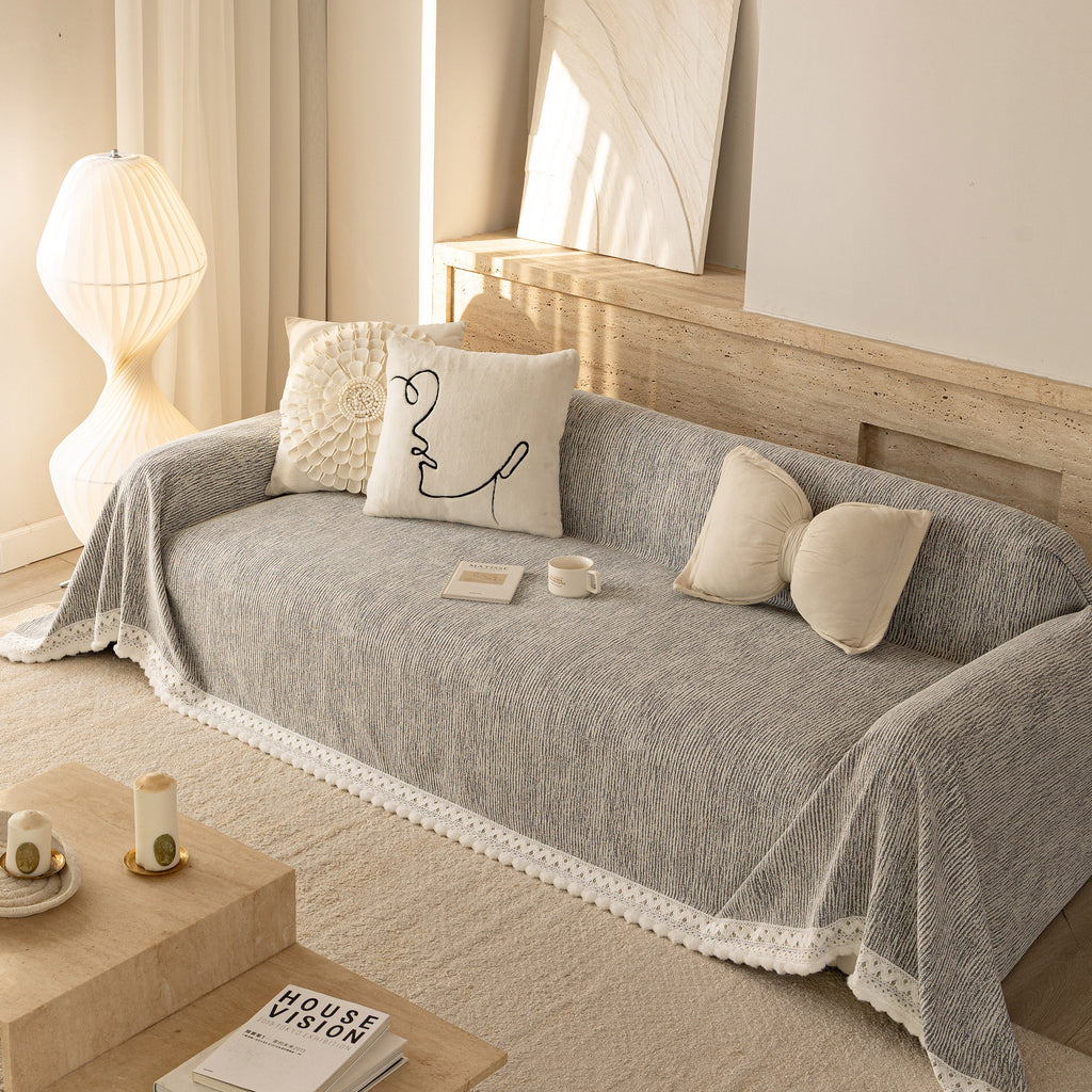 Sofa Cover Throw with Lace Trim & Pom-Pom Fringe, Decorative Couch Cover Blanket