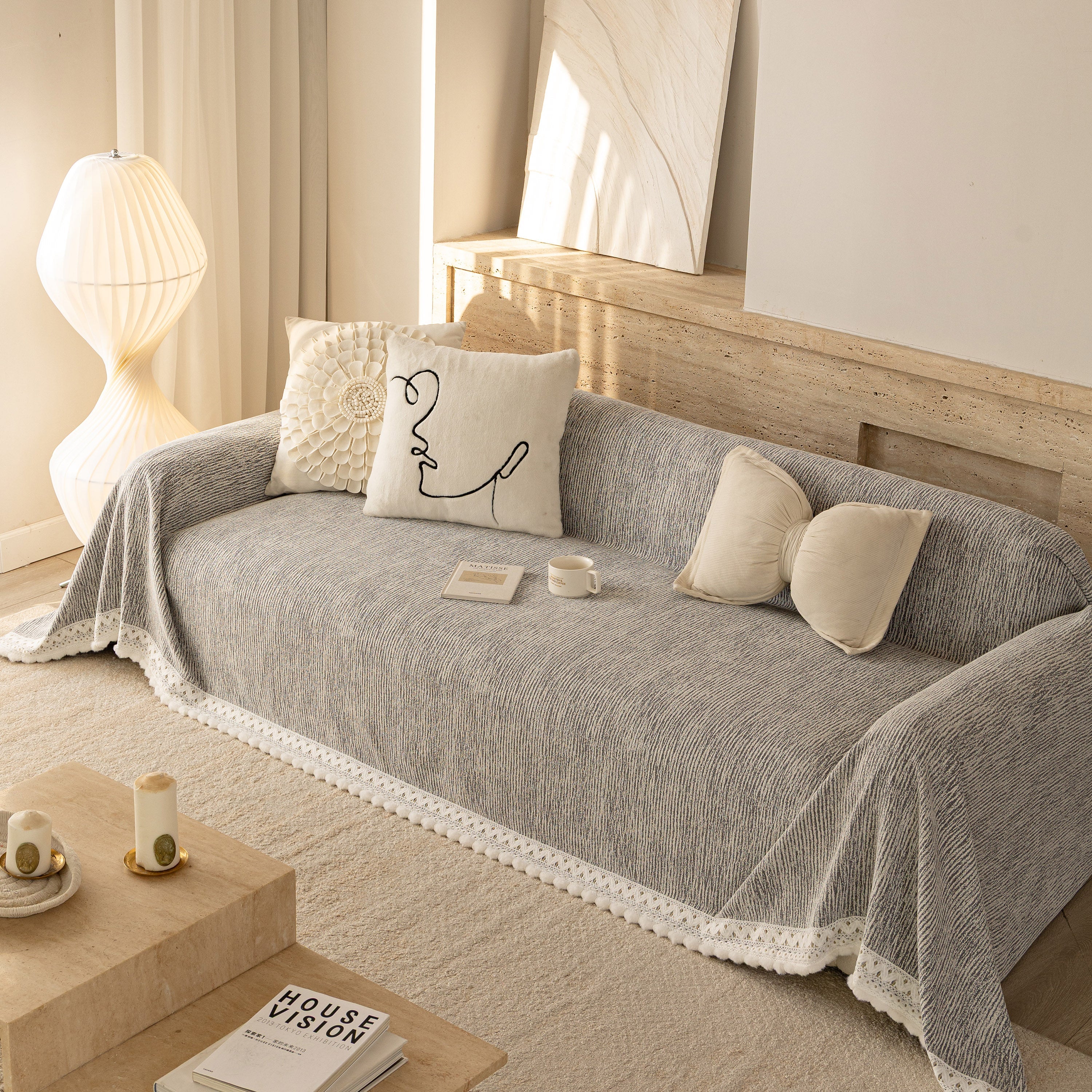 Sofa Cover Throw with Lace Trim & Pom-Pom Fringe, Decorative Couch Cover Blanket
