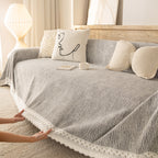 Sofa Cover Throw with Lace Trim & Pom-Pom Fringe, Decorative Couch Cover Blanket