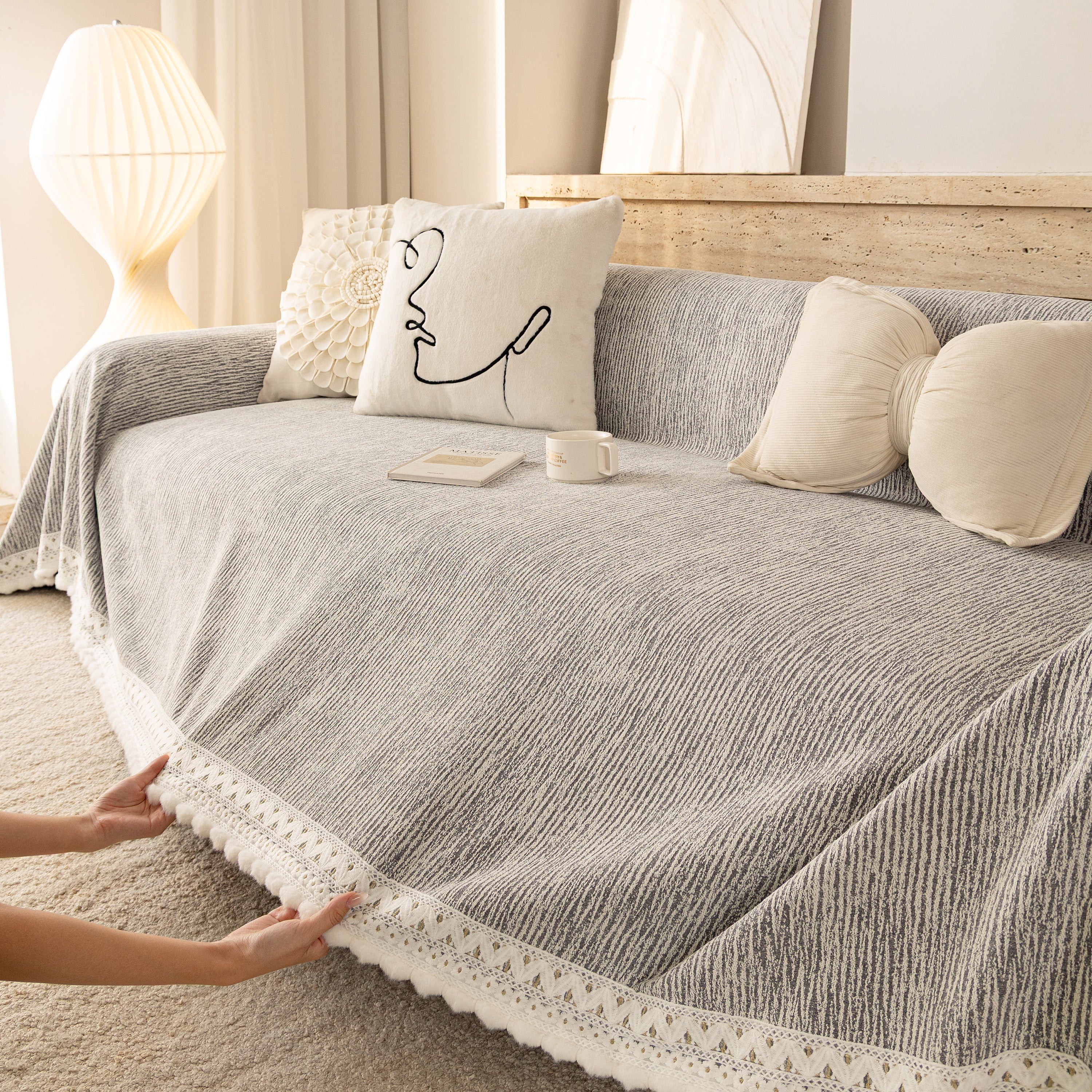 Sofa Cover Throw with Lace Trim & Pom-Pom Fringe, Decorative Couch Cover Blanket