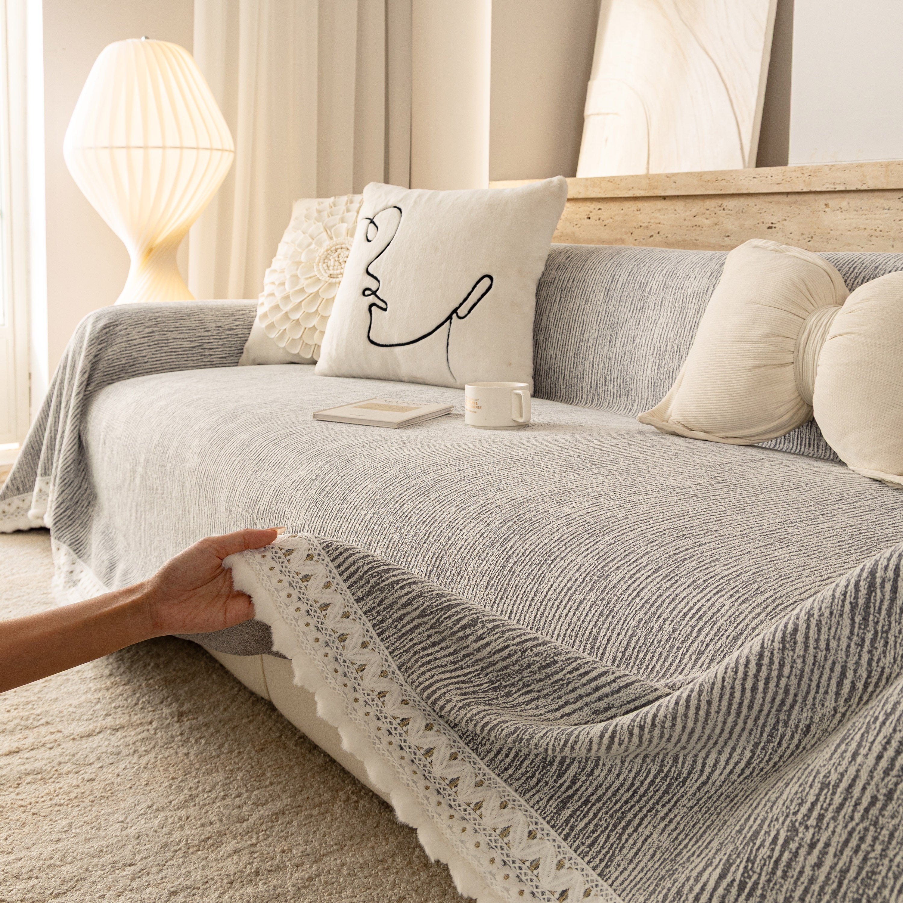 Sofa Cover Throw with Lace Trim & Pom-Pom Fringe, Decorative Couch Cover Blanket