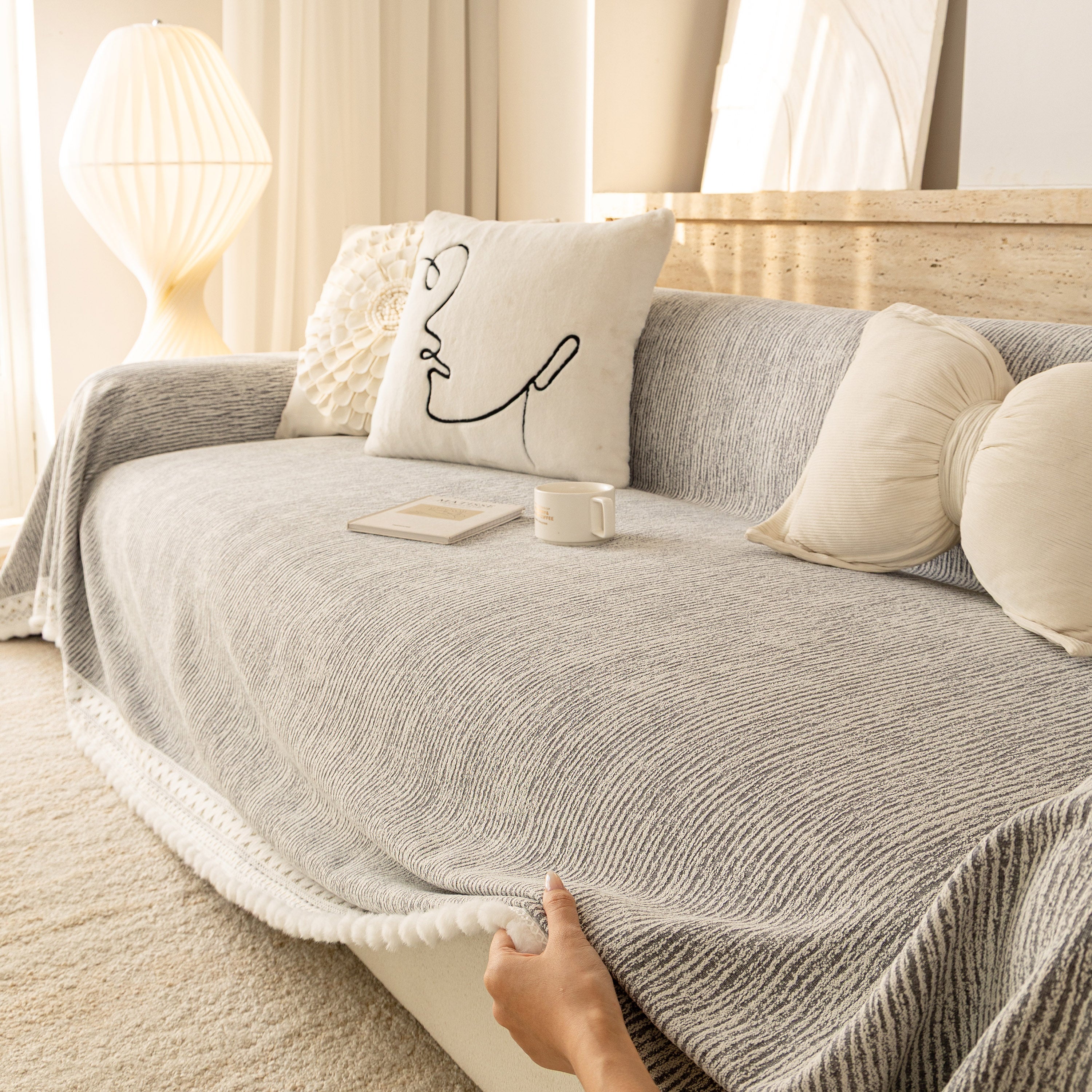 Sofa Cover Throw with Lace Trim & Pom-Pom Fringe, Decorative Couch Cover Blanket