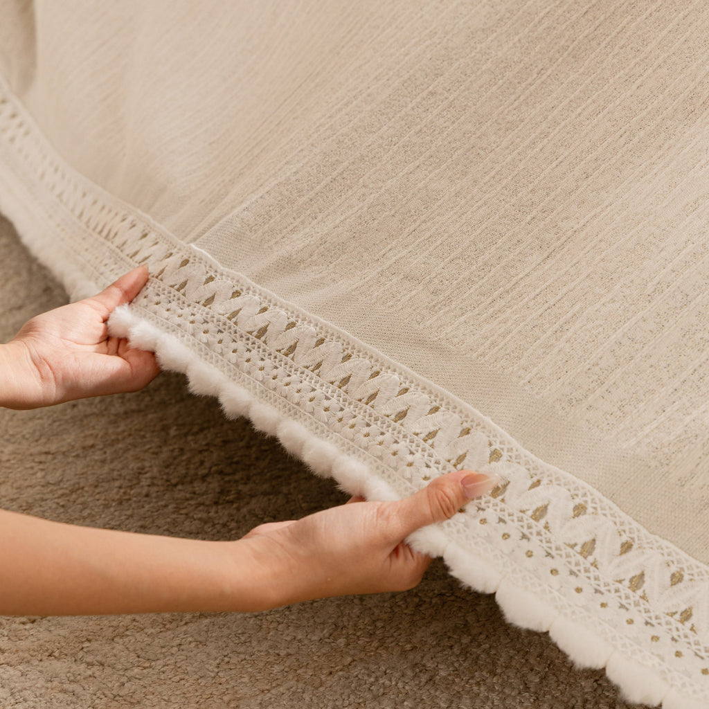 Lace Trim Pom Pom Tassel Edge Slipcover, Durable Furniture Cover for Pets Couch Sofa