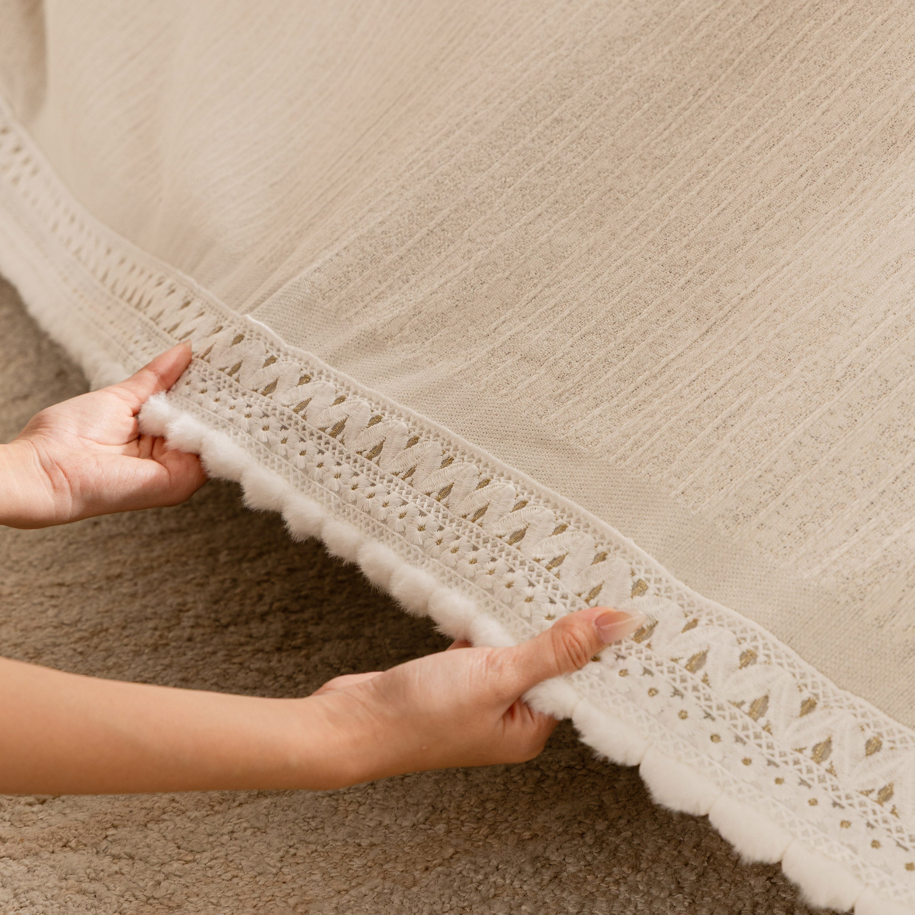 Lace Trim Pom Pom Tassel Edge Slipcover, Durable Furniture Cover for Pets Couch Sofa