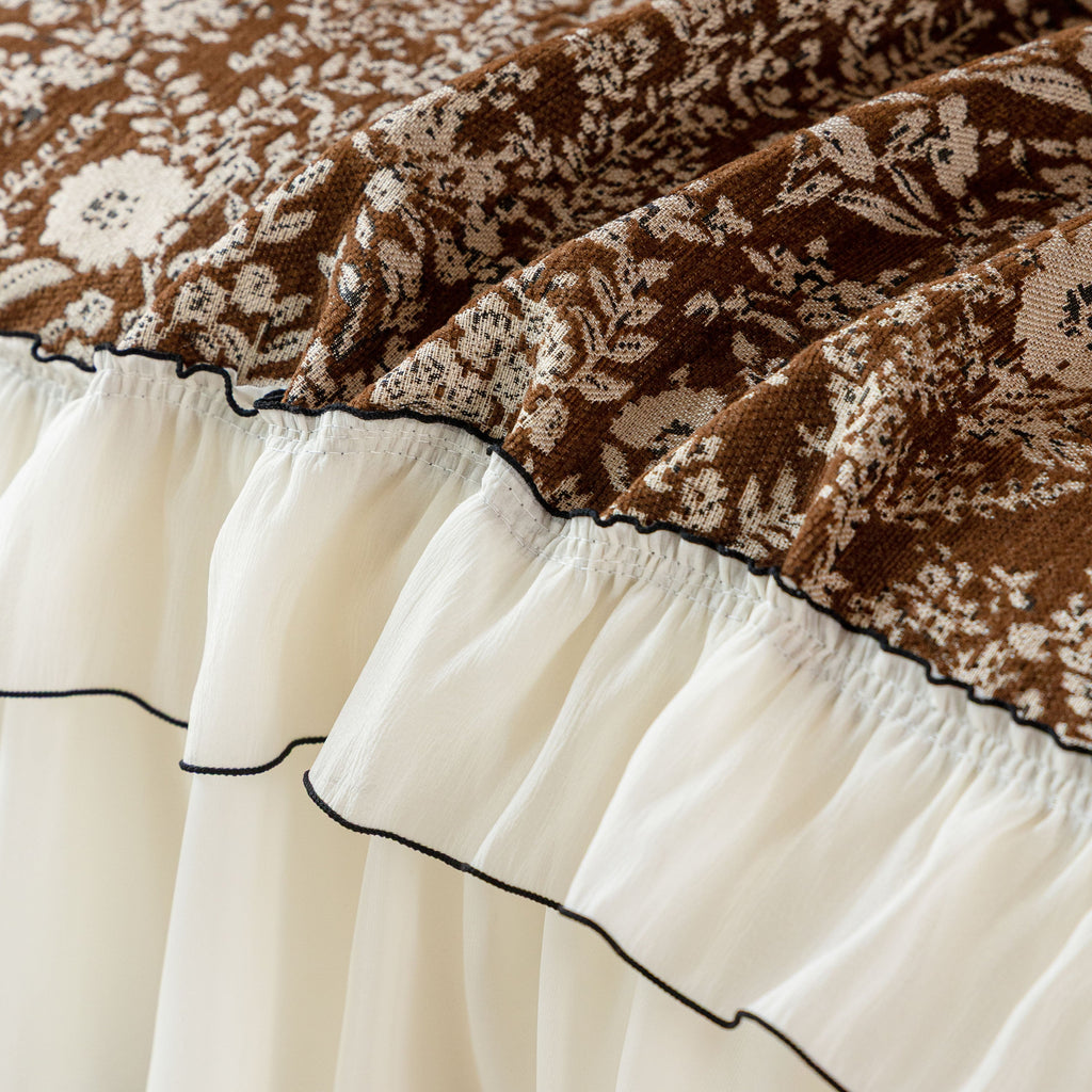 French Country Floral Sofa Cover with Chiffon Ruffle Skirt, Vintage Sofa Throw Cover