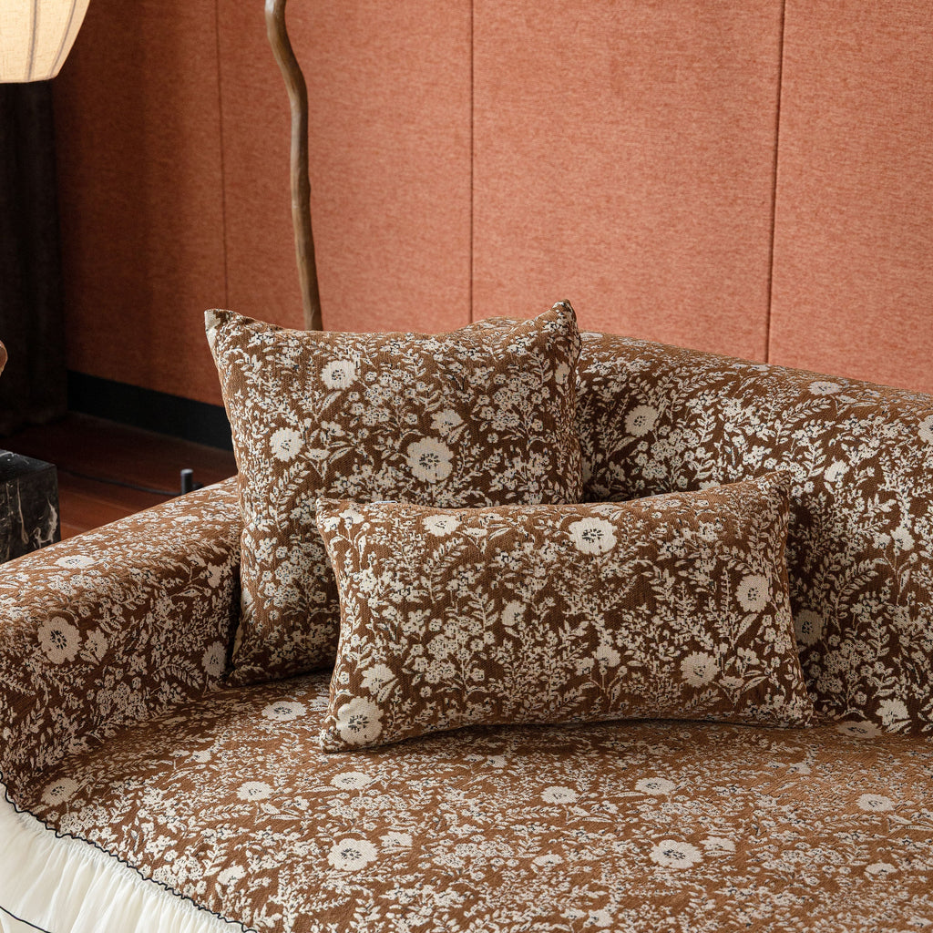 French Country Floral Sofa Cover with Chiffon Ruffle Skirt, Vintage Sofa Throw Cover
