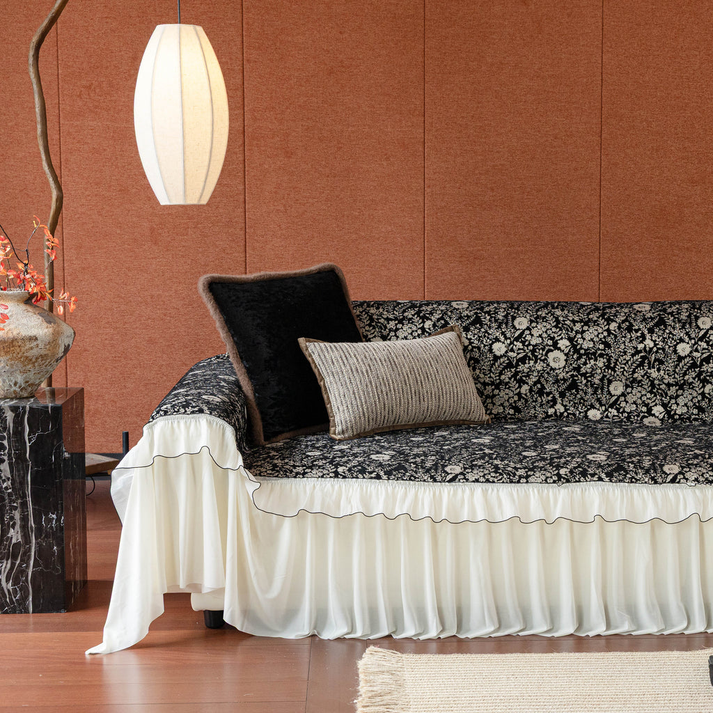 French Country Floral Sofa Cover with Chiffon Ruffle Skirt, Vintage Sofa Throw Cover