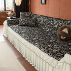 French Country Floral Sofa Cover with Chiffon Ruffle Skirt, Vintage Sofa Throw Cover