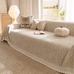 Lace Trim Pom Pom Tassel Edge Slipcover, Durable Furniture Cover for Pets Couch Sofa