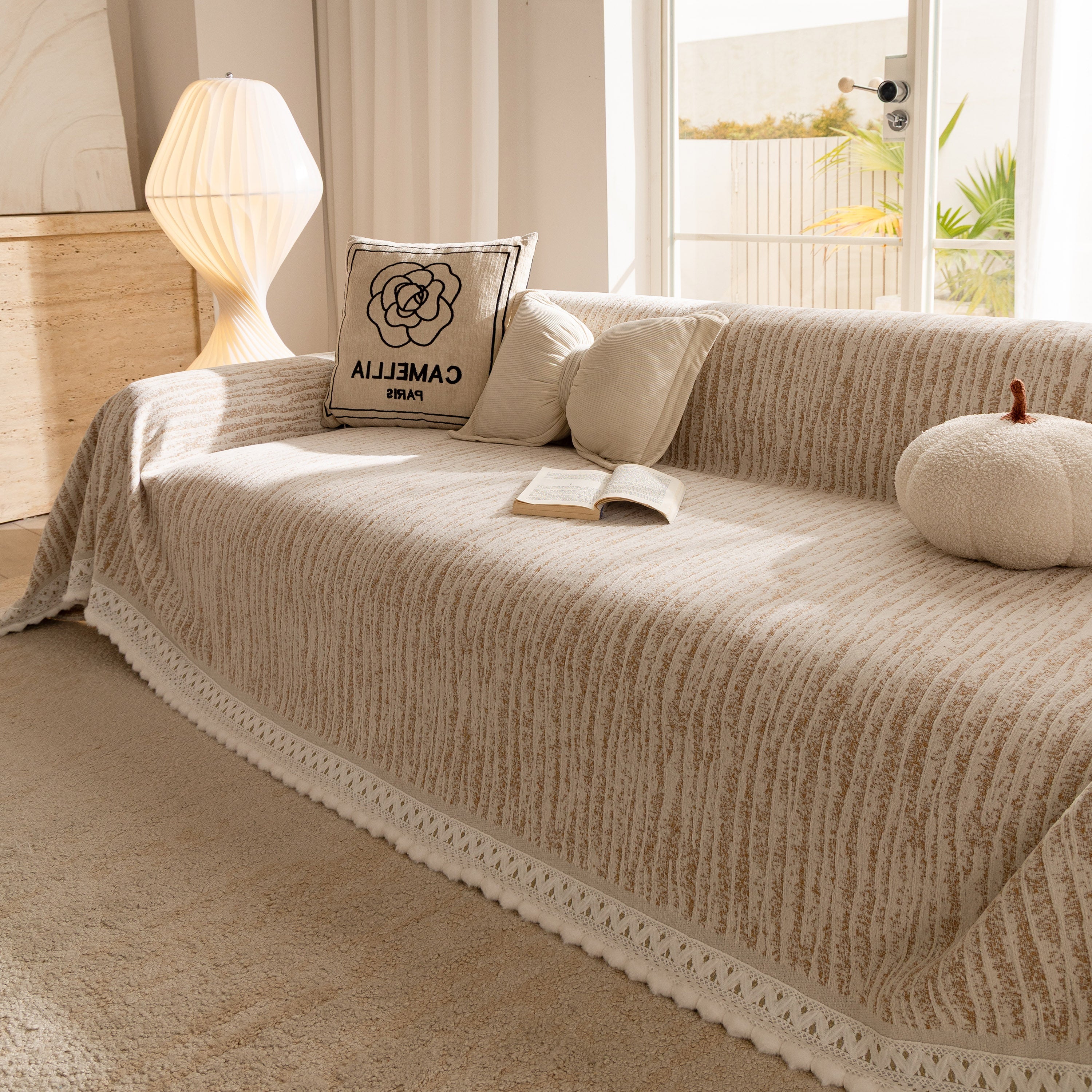 Lace Trim Pom Pom Tassel Edge Slipcover, Durable Furniture Cover for Pets Couch Sofa