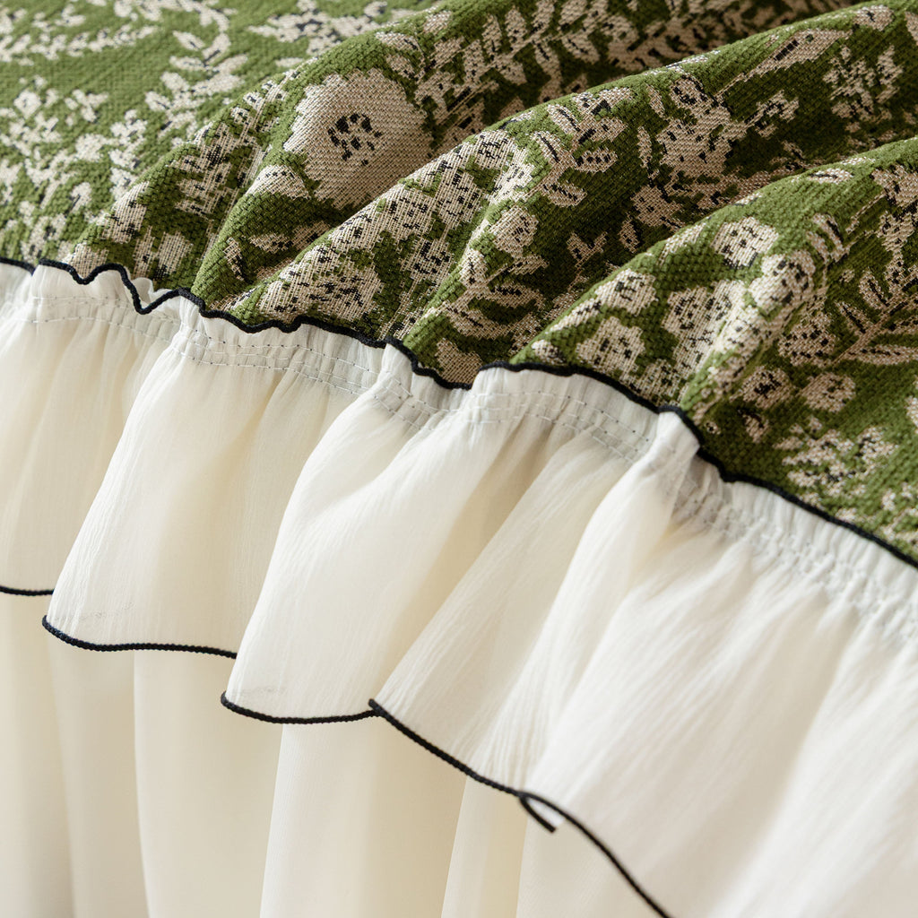 French Country Floral Sofa Cover with Chiffon Ruffle Skirt, Vintage Sofa Throw Cover