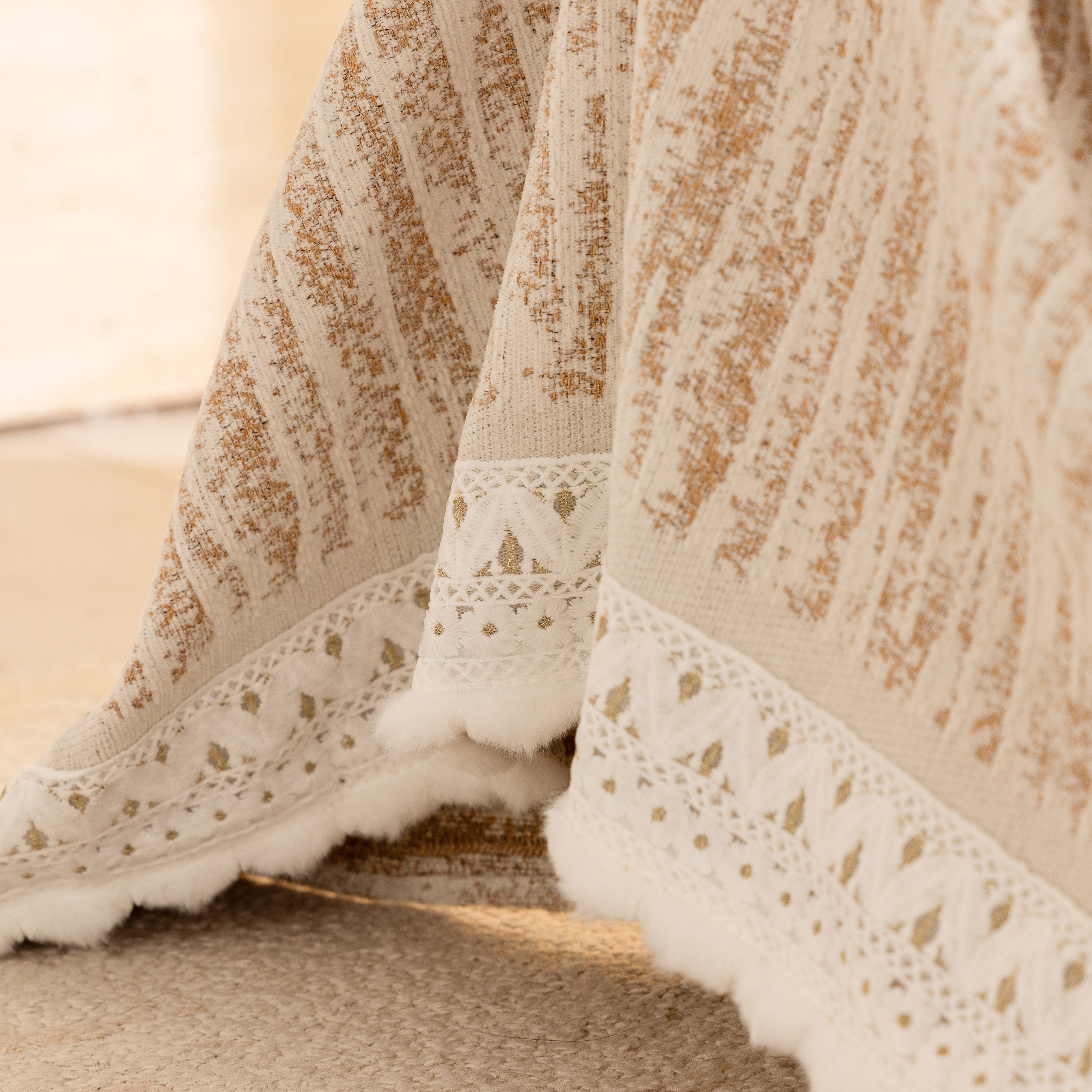 Lace Trim Pom Pom Tassel Edge Slipcover, Durable Furniture Cover for Pets Couch Sofa