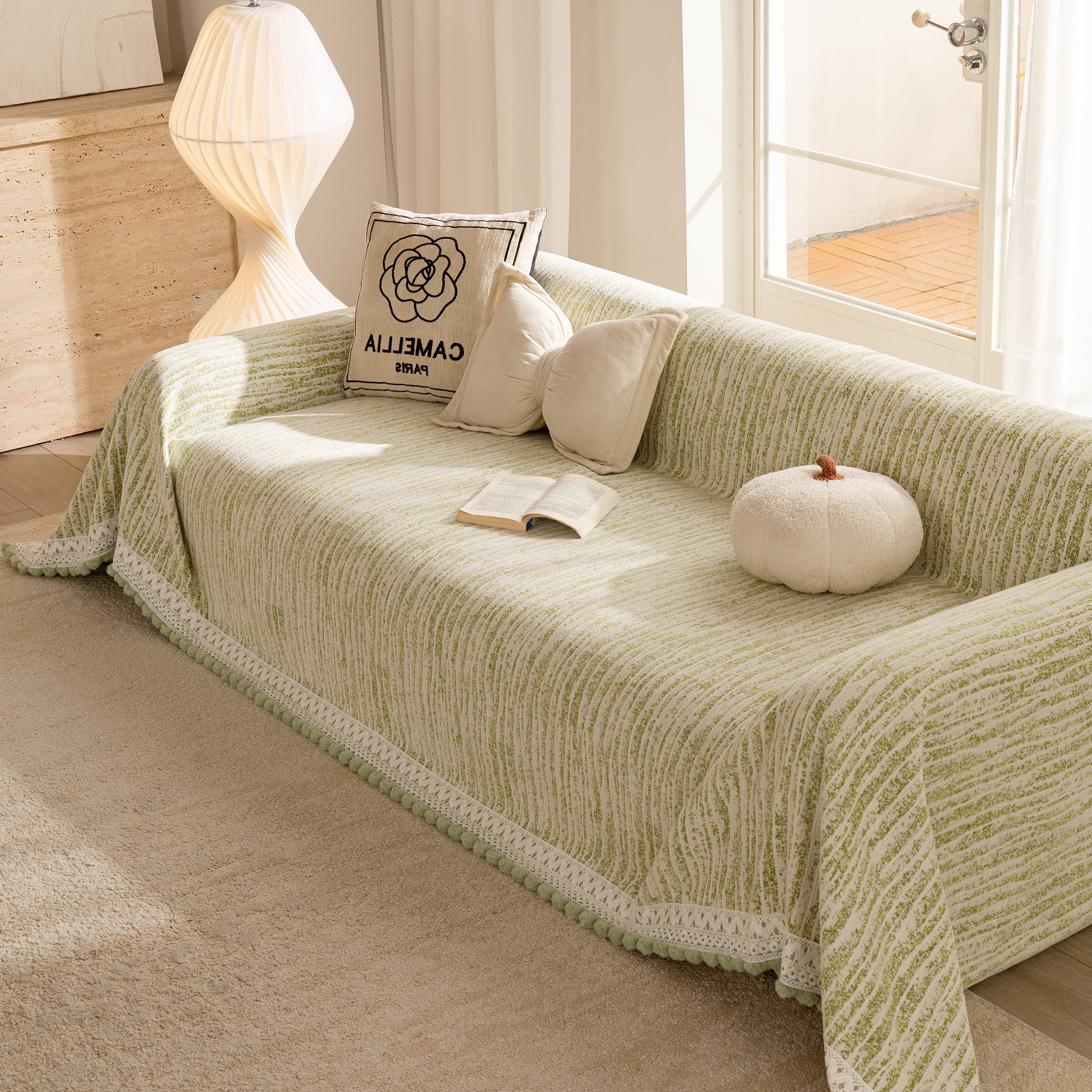 Lace Trim Pom Pom Tassel Edge Slipcover, Durable Furniture Cover for Pets Couch Sofa