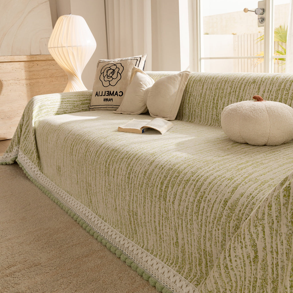 Lace Trim Pom Pom Tassel Edge Slipcover, Durable Furniture Cover for Pets Couch Sofa