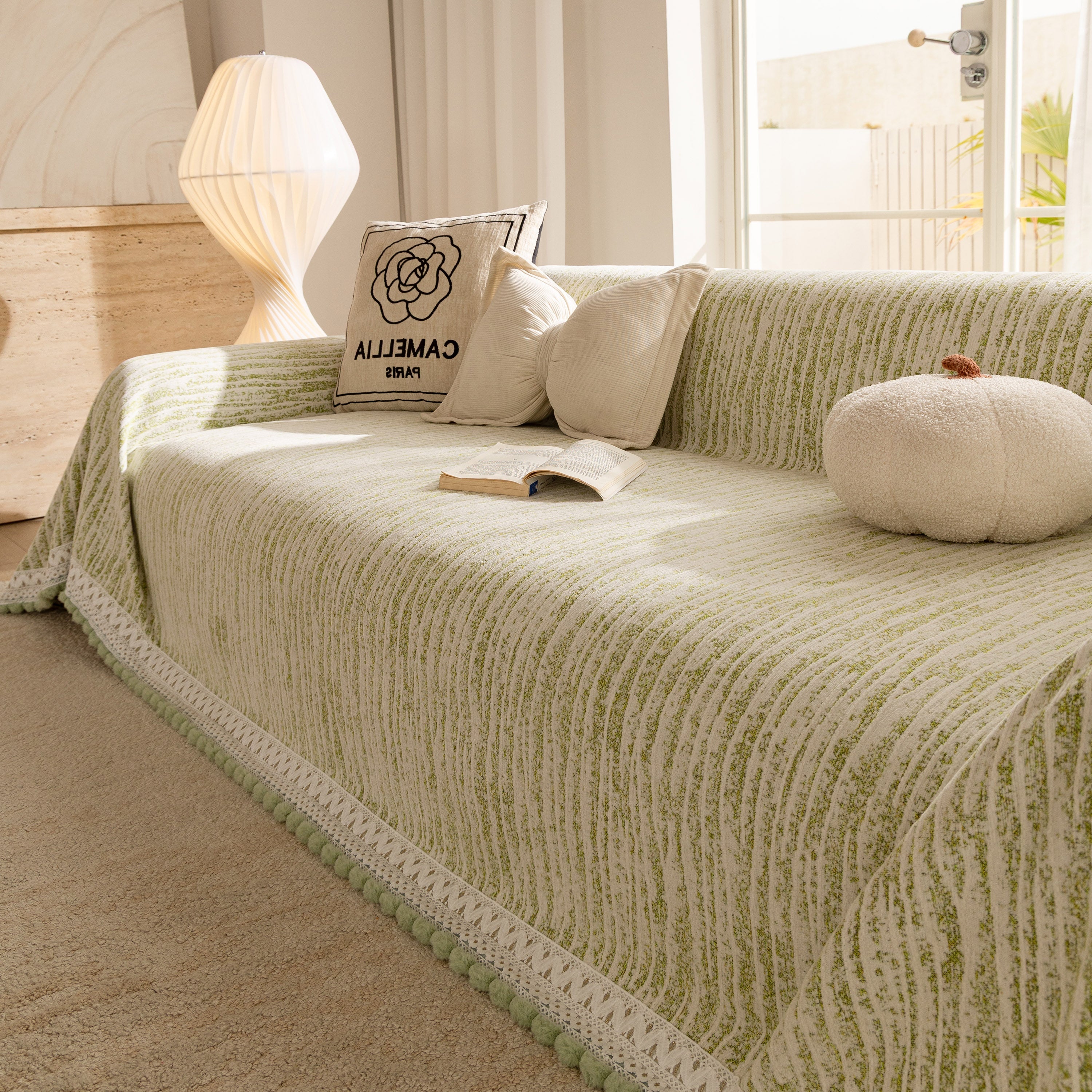 Lace Trim Pom Pom Tassel Edge Slipcover, Durable Furniture Cover for Pets Couch Sofa