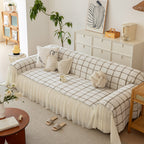 Grid Sofa Cover with Ruffle Skirt – Soft, Decorative, Full-Cover Couch Protector