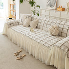 Grid Sofa Cover with Ruffle Skirt – Soft, Decorative, Full-Cover Couch Protector