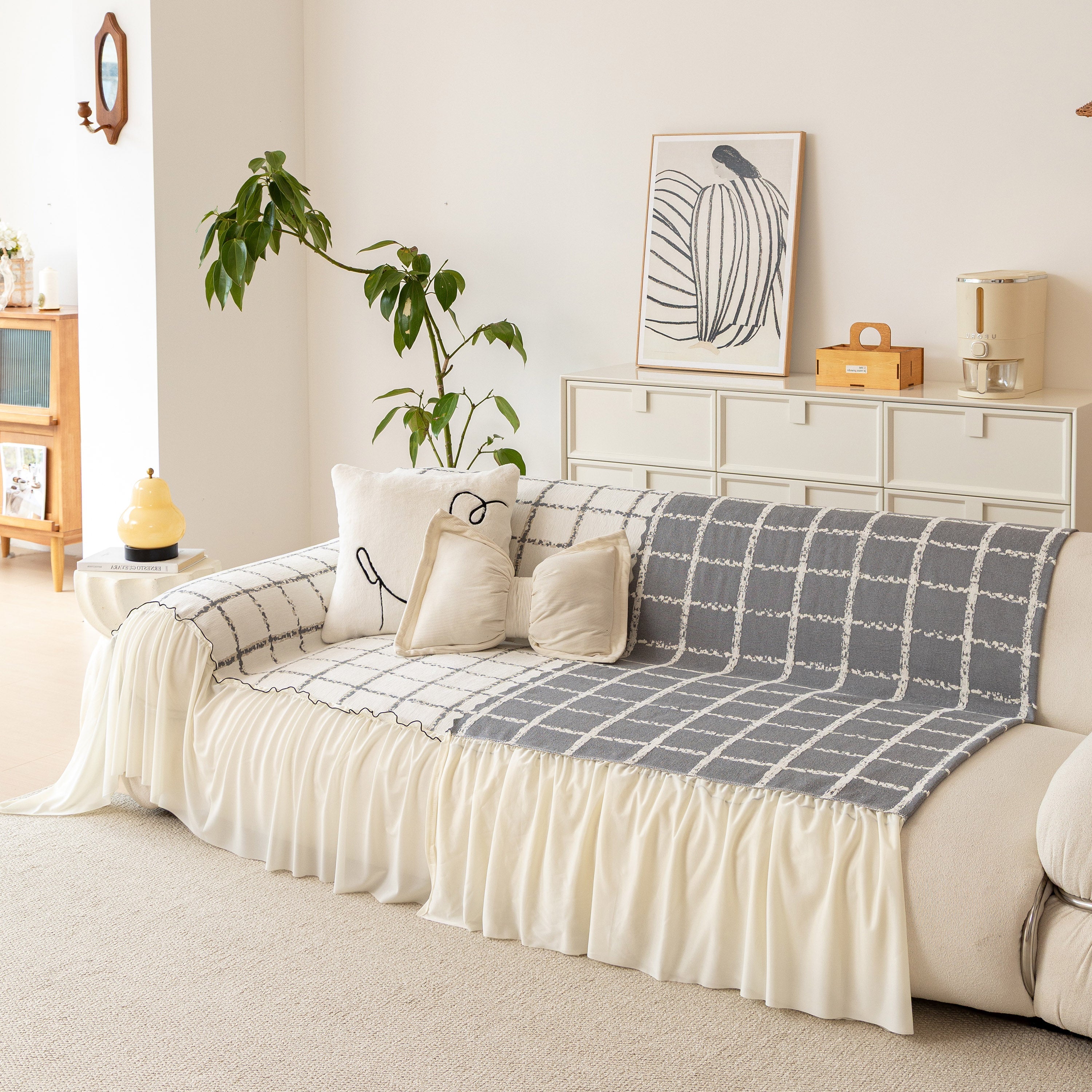 Grid Sofa Cover with Ruffle Skirt – Soft, Decorative, Full-Cover Couch Protector