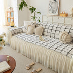 Grid Sofa Cover with Ruffle Skirt – Soft, Decorative, Full-Cover Couch Protector