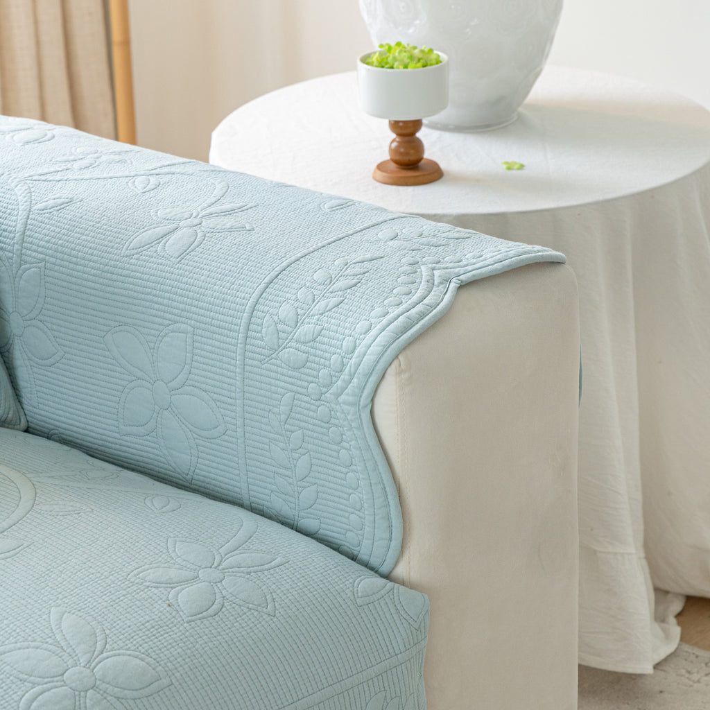 Floral Cotton Quilted Sofa Cover, Non-Slip Couch Protector with Scalloped Edges