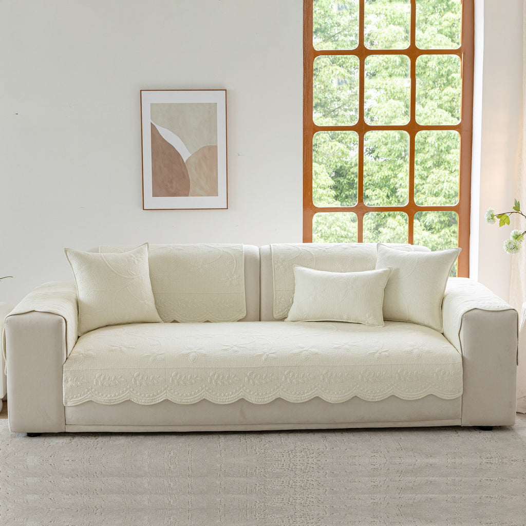 Floral Cotton Quilted Sofa Cover, Non-Slip Couch Protector with Scalloped Edges