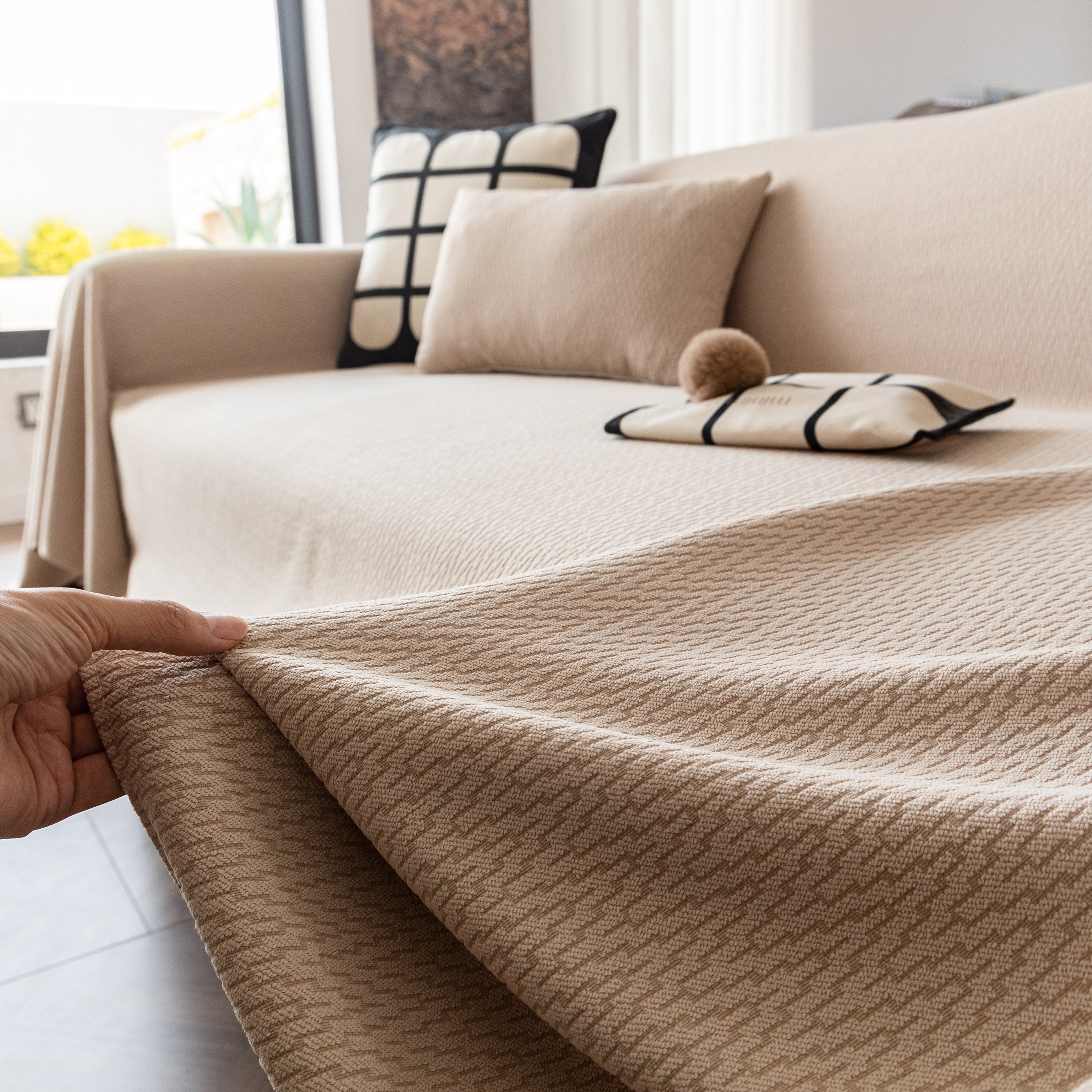 Herringbone Textured Sofa Throw Blanket, Durable Pet Friendly Modern Couch Slipcover