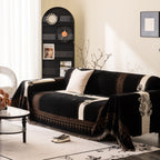 Jacquard Floral Band Sofa Cover with Tassels, Thick Textured Couch Throw Blanket