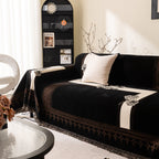 Jacquard Floral Band Sofa Cover with Tassels, Thick Textured Couch Throw Blanket