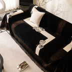 Jacquard Floral Band Sofa Cover with Tassels, Thick Textured Couch Throw Blanket