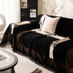 Jacquard Floral Band Sofa Cover with Tassels, Thick Textured Couch Throw Blanket