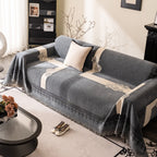 Jacquard Floral Band Sofa Cover with Tassels, Thick Textured Couch Throw Blanket