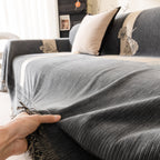 Jacquard Floral Band Sofa Cover with Tassels, Thick Textured Couch Throw Blanket