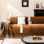 Jacquard Floral Band Sofa Cover with Tassels, Thick Textured Couch Throw Blanket