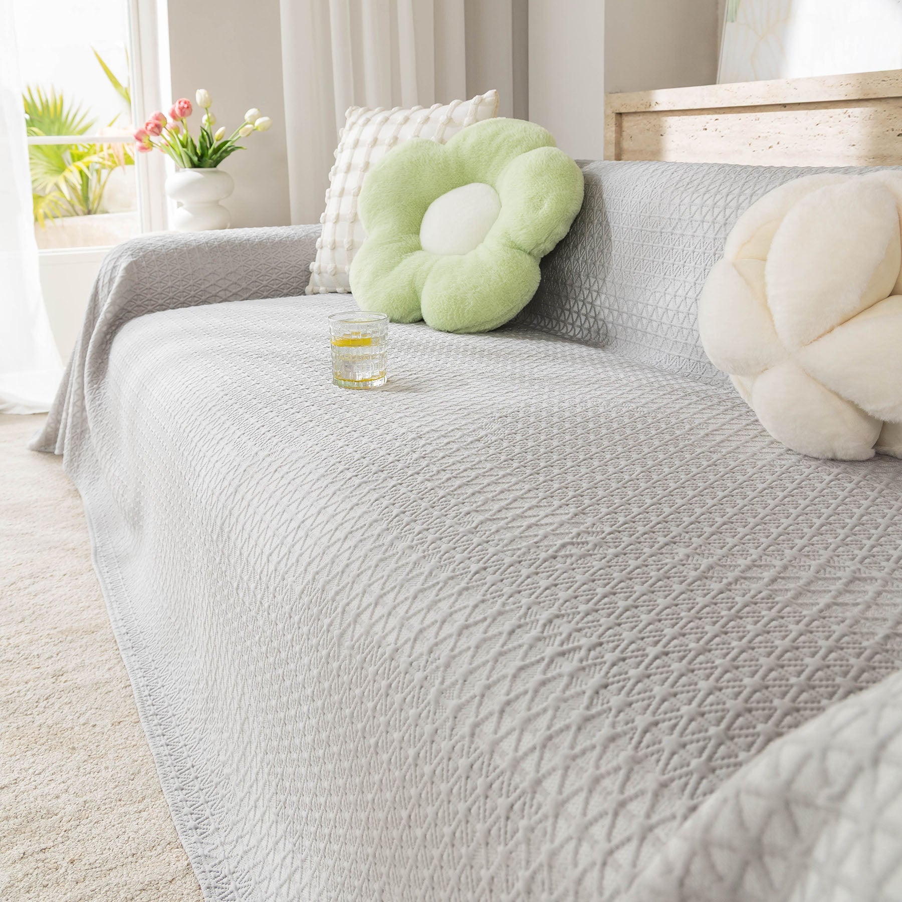 Cooling Ice Silk Sofa Throw Cover, Summer Diamond Textured Furniture Protector Blanket