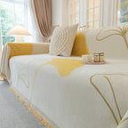 Cozy Couch Throw Blanket with Tassels, Jacquard Leaf Pattern Furniture Protector