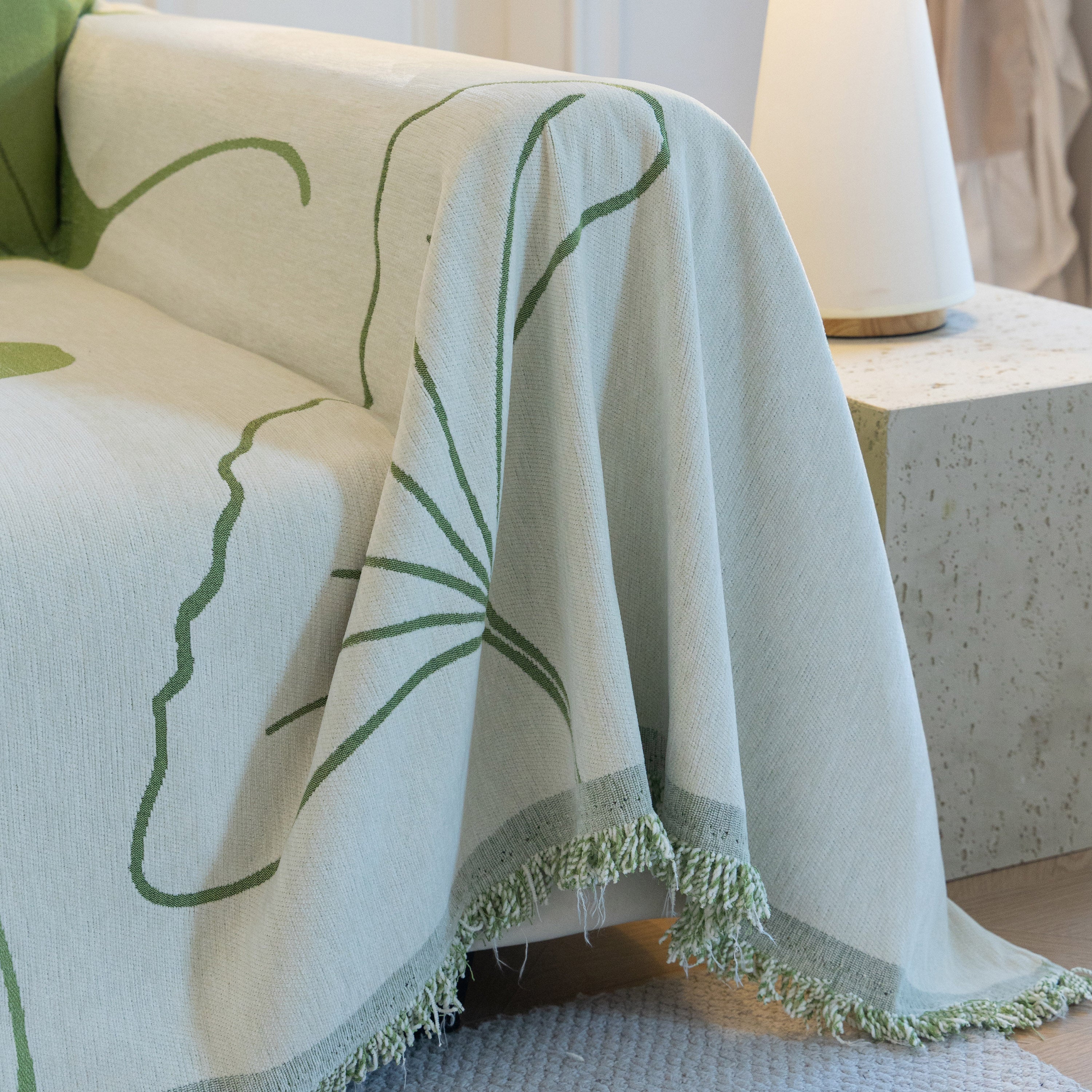 Cozy Couch Throw Blanket with Tassels, Jacquard Leaf Pattern Furniture Protector