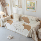 Cozy Couch Throw Blanket with Tassels, Jacquard Leaf Pattern Furniture Protector