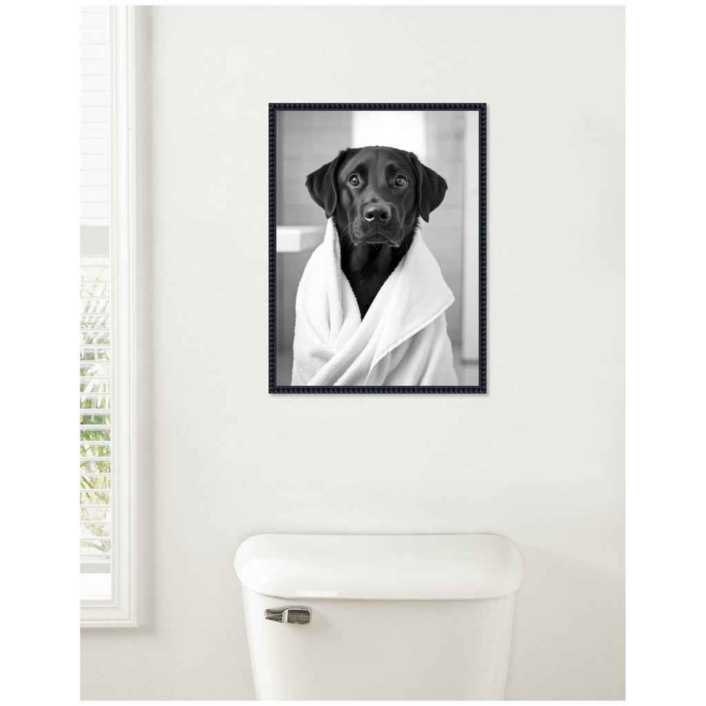 Sylvie Black Lab Bathroom Art Towel Robe Black and White Framed Canvas by The Creative Bunch Studio