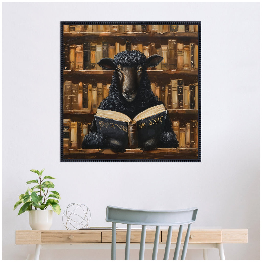 Sylvie Traditional Black Sheep Reading in Vintage Library Framed Canvas by The Creative Bunch Studio