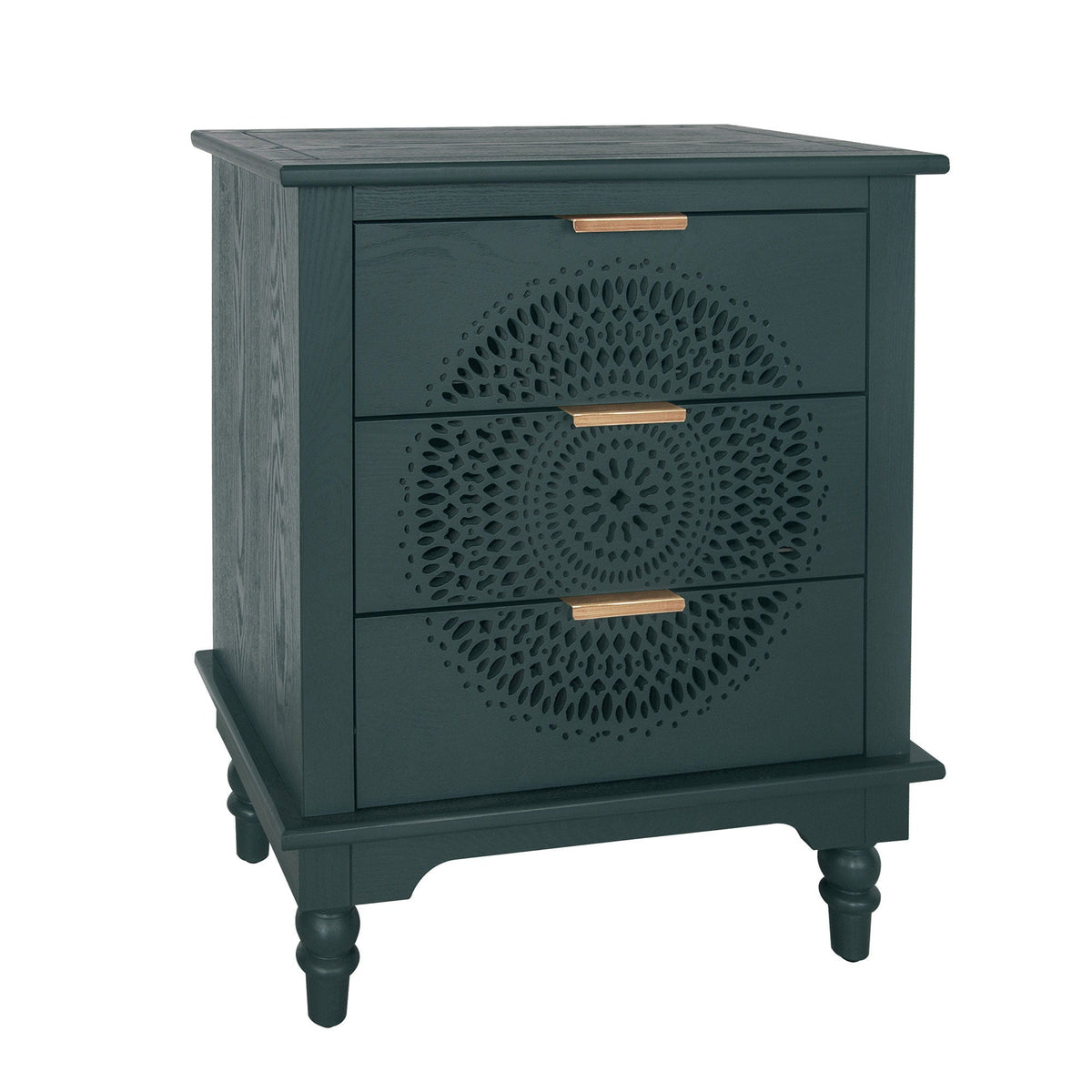 Hollow Carved 3 Drawer Dresser With Metal Handles, Storage Chest For Living Room Or Bedroom - Blackish Green