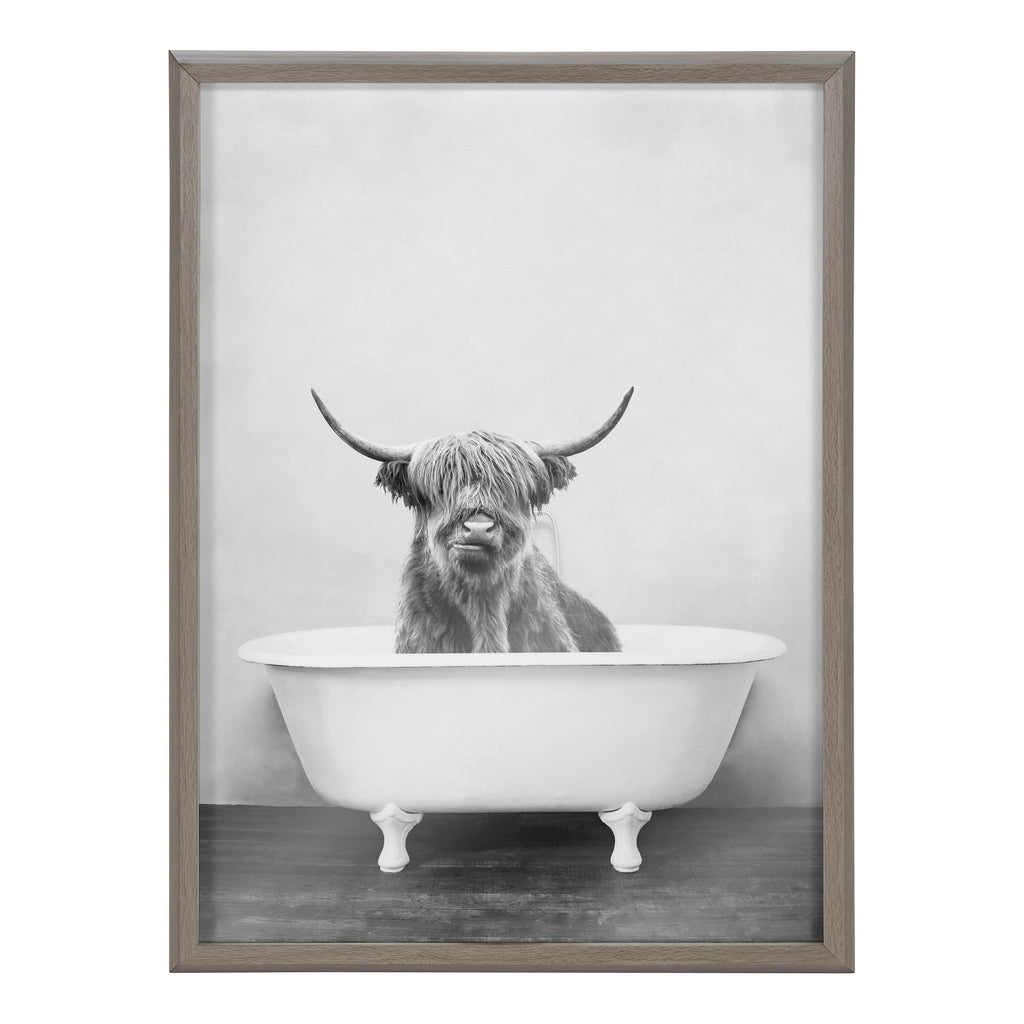 Blake Highland Cow in the Tub BW Framed Printed Glass by Amy Peterson Art Studio