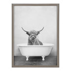 Blake Highland Cow in the Tub BW Framed Printed Glass by Amy Peterson Art Studio