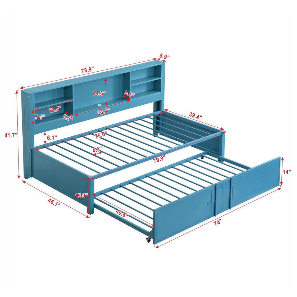 Industrial Metal Daybed With Trundle, Storage Shelves, USB Ports