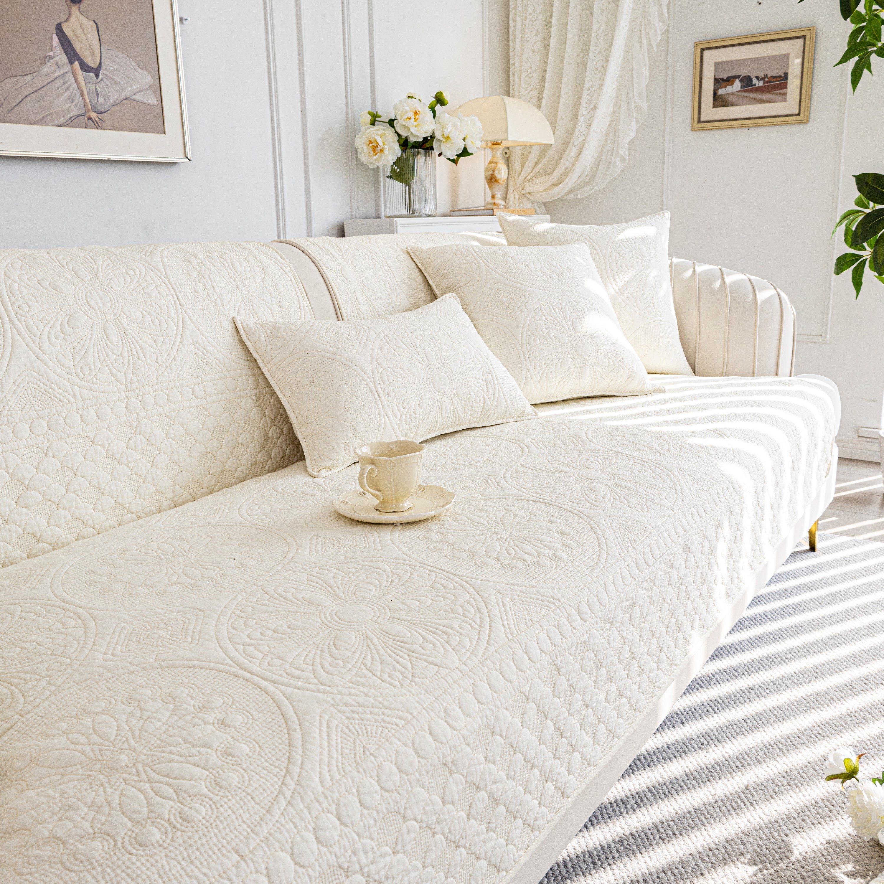 Cotton Quilted Sofa Cover, Non-Slip Couch Protector Fits Backrest, Seat & Armrest