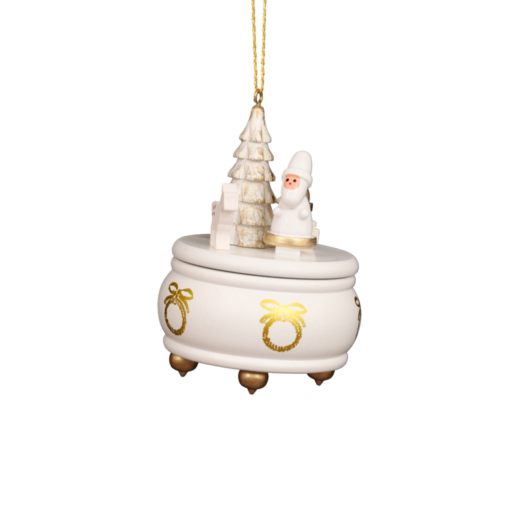 10-0921 - Christian Ulbricht Ornament - White Music Box With Santa - 3''H x 2.5''W x 2.5''D